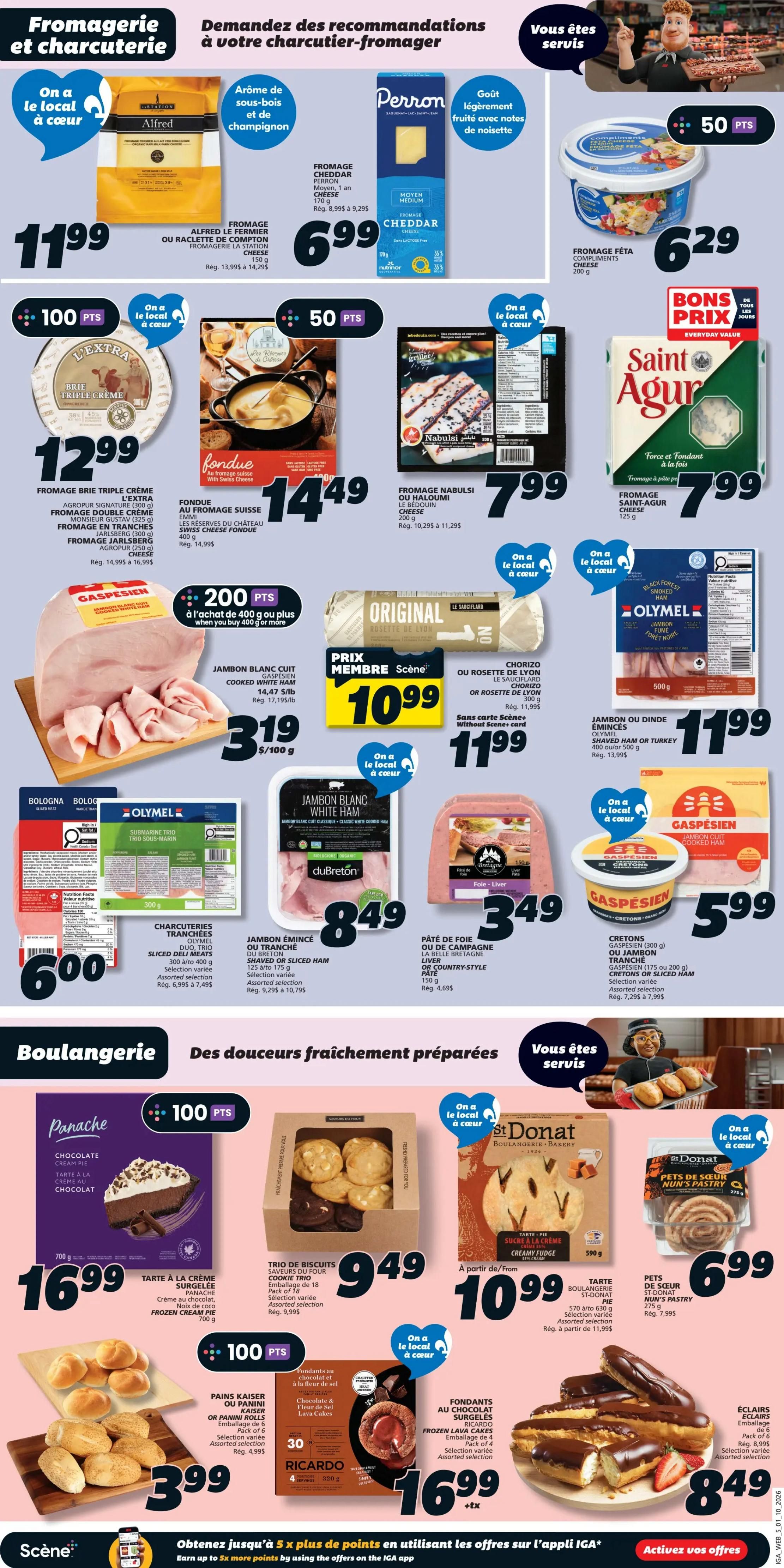 Page 9 of the IGA flyer features a selection of deli and bakery items. Top section showcases cheeses and deli meats: Alfred le Fermier cheese for $11.99, Perron Cheddar cheese for $6.99, Compliments Feta cheese for $6.29, Naboulsi or Haloumi cheese for $7.99, and Saint-Agur cheese for $7.99. Also featured is fondue au fromage suisse EMMI for $14.49. Deli meats include Gaspésien cooked ham at $3.19 per 100g, OLYMEL sliced deli meats for $6.00, and du Breton sliced or shaved ham for $8.49. Other deli items are chorizo or rosette de Lyon for $10.99, and OLYMEL smoked ham or turkey for $11.99. The bottom section highlights bakery items: Panache chocolate cream pie for $16.99, Trio of Biscuits Cookie Trio for $9.49, St. Donat cream pie for $10.99, Nun's Pastry for $6.99, Ricardo frozen lava cakes for $16.99, and éclairs for $8.49. Also available are Kaiser or Panini rolls for $3.99.