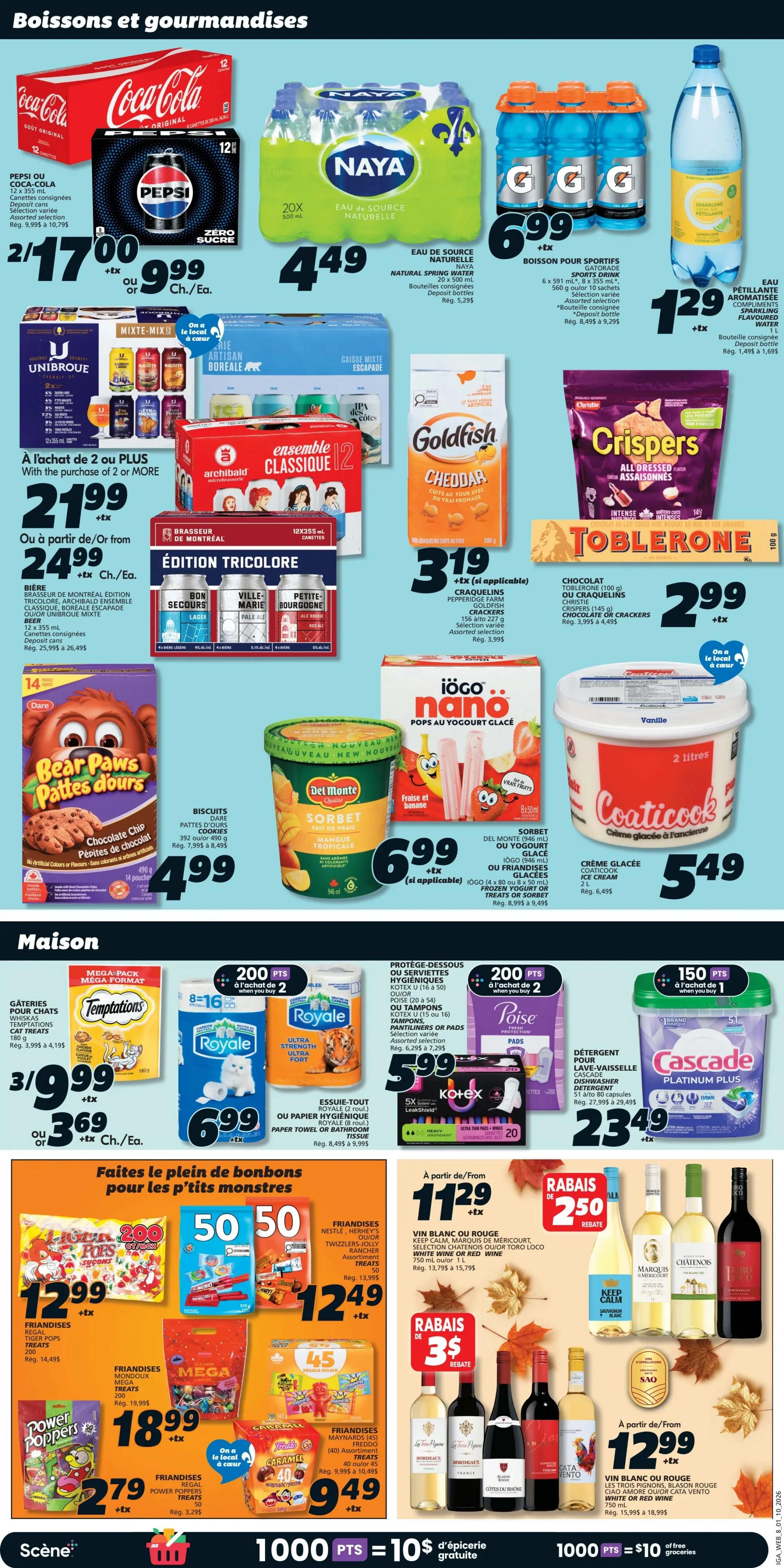 IGA Weekly Flyer Specials Page 12 features beverages and snacks. Coca-Cola and Pepsi 12-packs are on sale for 2 for $17.00 or $9.99 each. Naya Natural Spring Water 20 x 500 mL bottles are $4.49. Gatorade Sports Drinks 6 x 500 mL are $6.99. Sparkling water is $1.29. Unibroue mixed beer cases are $21.99 when purchasing 2 or more, or $24.99 each. Archibald 'Ensemble Classique 12' beer is $3.19. Christie Crispers snacks are $3.19. Toblerone chocolate bars are $2.99. Dare Bear Paws cookies are $4.99. Del Monte Sorbet is $6.99. Iögo Nano frozen yogurt treats are $6.99. Coaticook Ice Cream 2L is $5.49. In the household section, Temptations Cat Treats are 3 for $9.99 or $3.69 each. Royale Paper Towel or Bathroom Tissue is $6.99. Poise Pads are $5.99. Cascade Platinum Plus Dishwasher Detergent is $23.49. For treats, Nestlé, Hershey's, Cadbury, Twizzlers, Jolly Rancher, and other assorted treats are $12.49. Regal Power Poppers are $2.79. French Maid Caramel treats are $9.49. Wine specials include White or Red Wine 750 mL bottles starting at $11.29, with a $2.50 rebate. Another wine selection is $12.99. The bottom features a promotion: 1000 points equals $10 of free groceries.