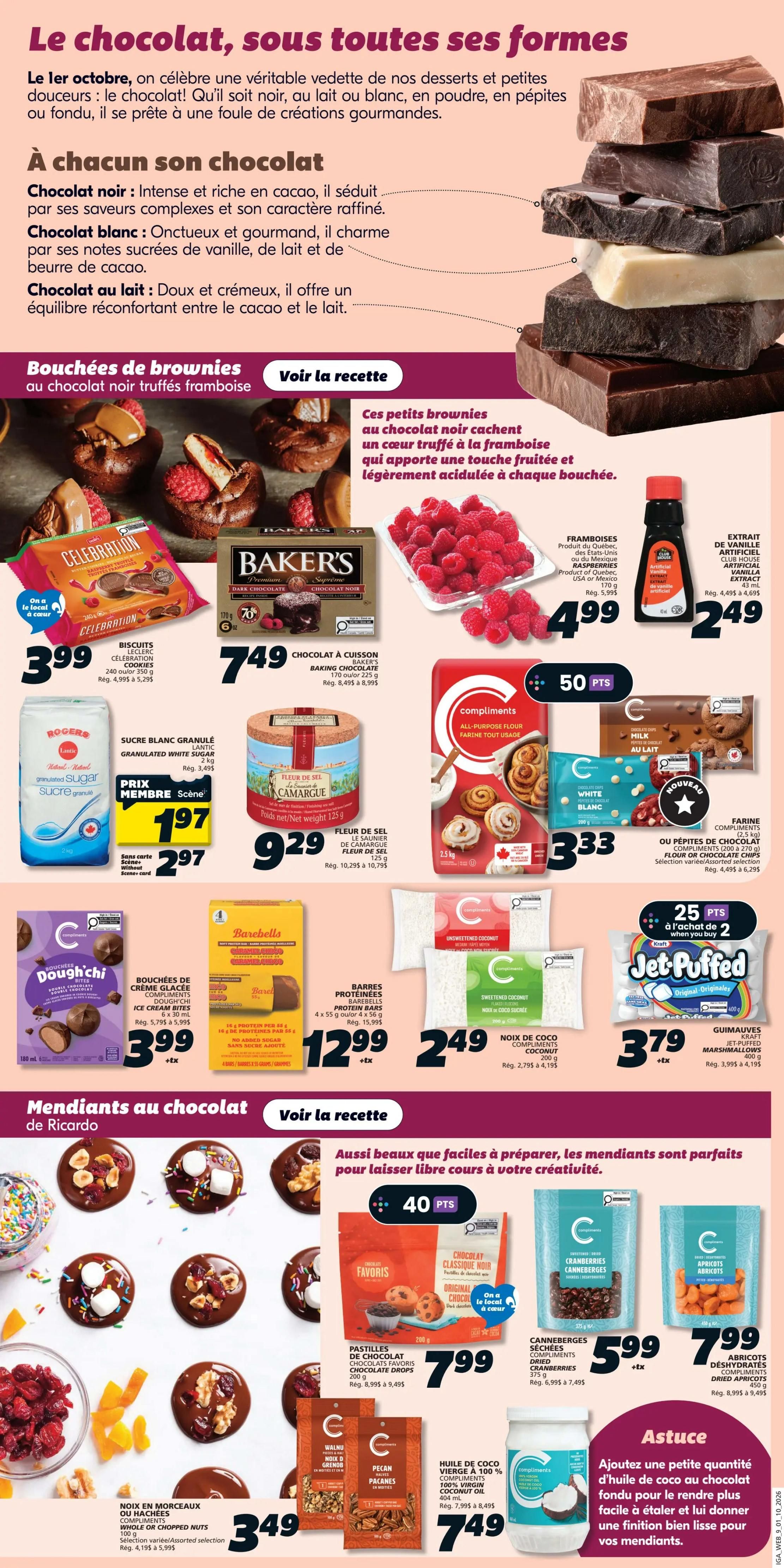 IGA Weekly Flyer Specials, Page 13. This page is dedicated to chocolate and desserts. It features a variety of chocolate products, including Celebration biscuits for $3.99, Baker's Dark Chocolate Baking Chocolate for $7.49, and Compliments All-Purpose Flour for $3.33. Also available are Lantic Granulated White Sugar for $1.97 (member price) or $2.97, and Fleur de Sel de Camargue for $9.29. Other featured items include Compliments Ice Cream Bites for $3.99, Barebells Protein Bars for $12.99, and Compliments Unsweetened and Sweetened Coconut for $2.49 each. Jet-Puffed Original Marshmallows are on sale for $3.79. The page also highlights chocolate drops for $7.99, dried cranberries for $5.99, and dried apricots for $8.99. Additionally, there are chocolate nut clusters for $3.49 and 100% Virgin Coconut Oil for $7.49. A tip is provided on how to use coconut oil to enhance chocolate creations.