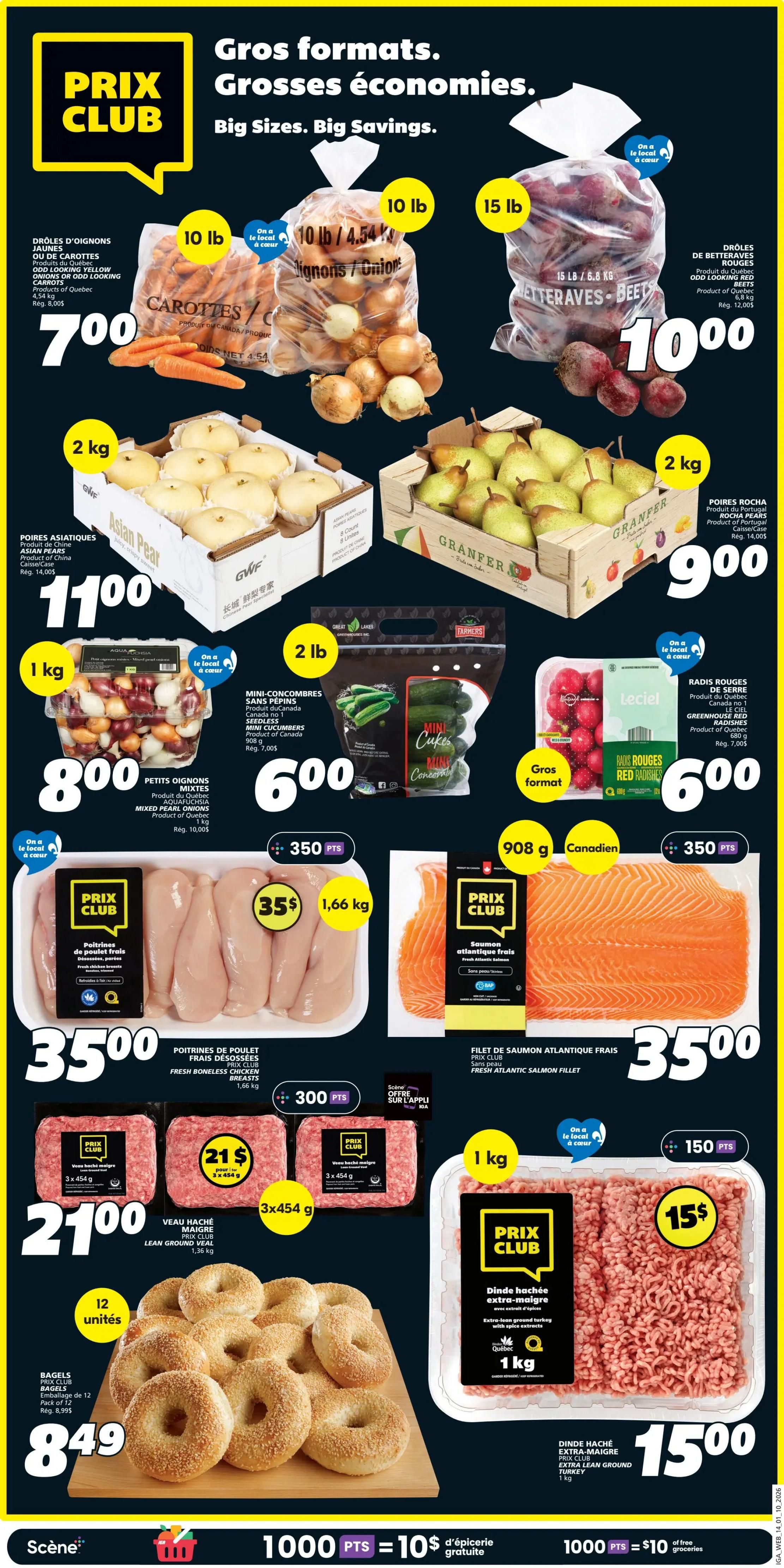 IGA Weekly Flyer Specials page 16 features 'Big Sizes. Big Savings.' with various produce and meat deals. Highlights include 10 lb bags of carrots for $7.00, 10 lb bags of yellow onions for $7.00, and 15 lb bags of red beets for $10.00. Also available are 2 kg boxes of Asian pears for $11.00 and 2 kg boxes of Rocha pears for $9.00. Fresh produce includes 1 kg containers of mixed pearl onions for $8.00, 2 lb bags of mini seedless cucumbers for $6.00, and 680 g packages of greenhouse red radishes for $6.00. Meat specials include fresh boneless chicken breasts (1.66 kg) for $35.00, fresh Atlantic salmon fillet for $35.00, and 3 x 454 g packages of lean ground veal for $21.00. Additionally, there are 3 x 454 g packages of lean ground beef for $21.00 and 1 kg packages of extra lean ground turkey for $15.00. A 12-unit package of IGA Club bagels is on sale for $8.49. The flyer also promotes a points system: 1000 points equal $10 in free groceries.