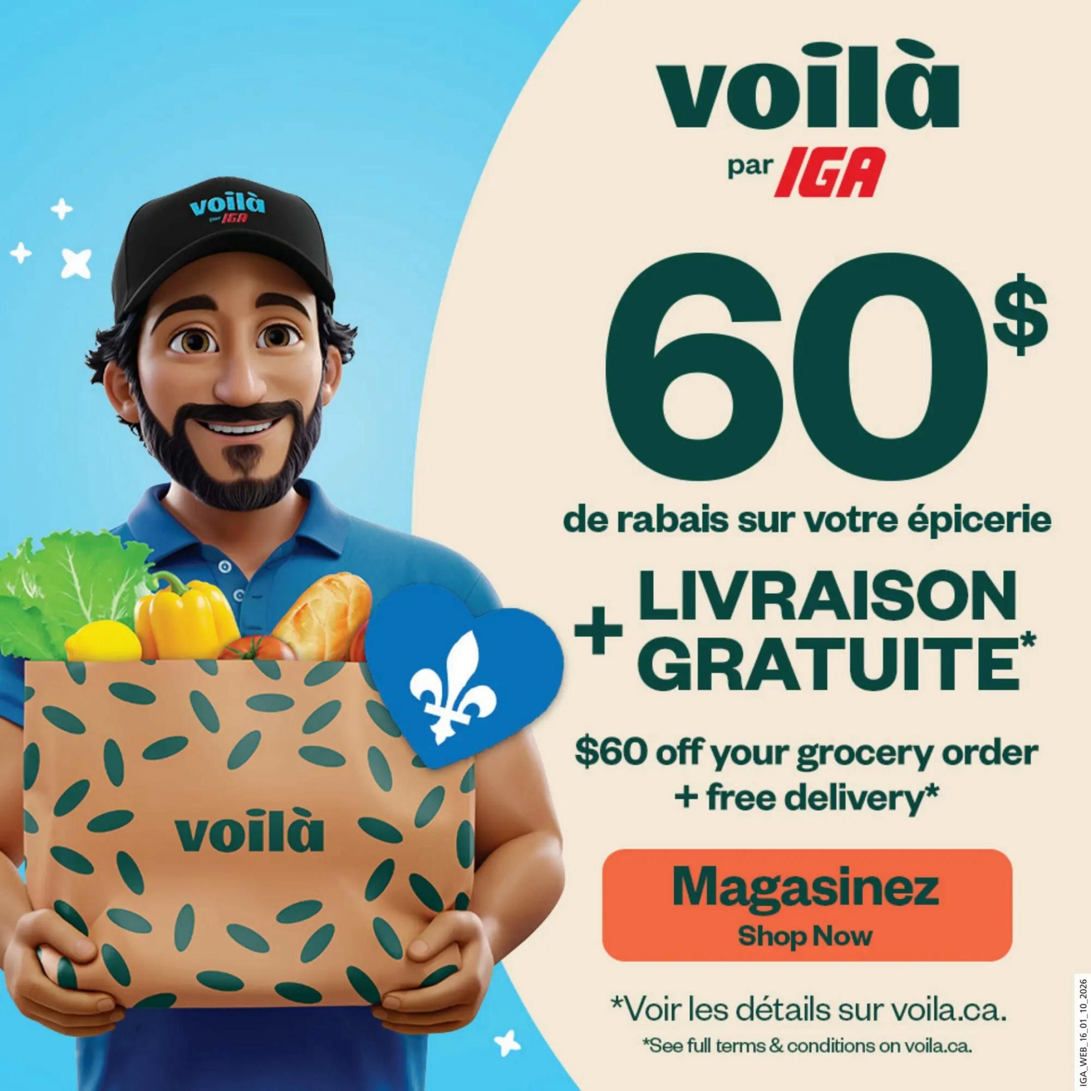 IGA's Voilà promotion featuring a smiling delivery person holding a grocery bag filled with fresh produce like lettuce, a yellow bell pepper, a lemon, and a baguette. The promotion offers $60 off grocery orders plus free delivery. A button to 'Shop Now' is prominently displayed. The text also directs customers to voila.ca for full terms and conditions. This is page 18 of the IGA flyer.