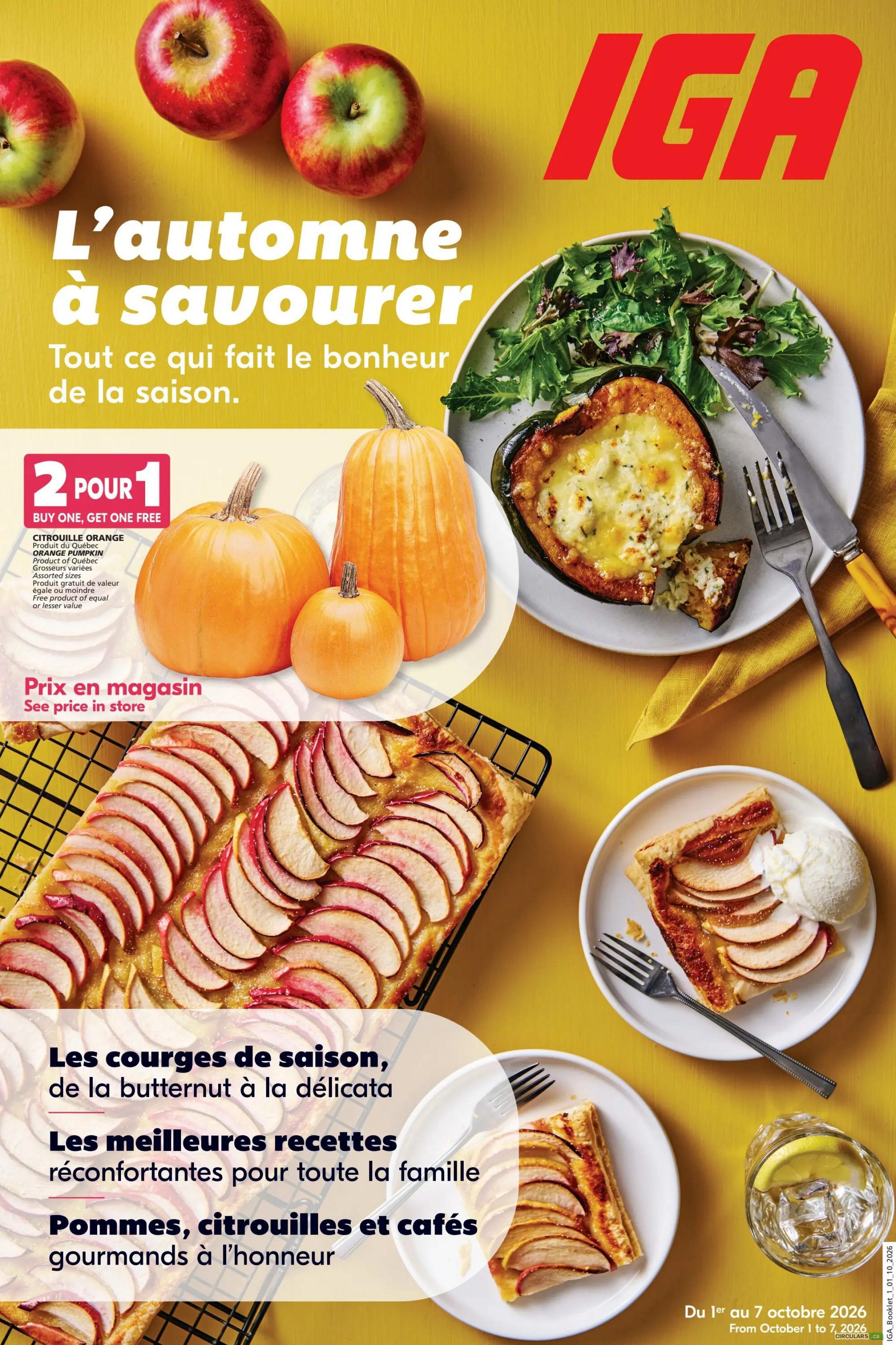 IGA weekly flyer specials, page 20, featuring autumn harvest themes. The page highlights a 'Buy One, Get One Free' offer on Orange Pumpkins, described as 'Product of Quebec' and available in assorted sizes. The flyer also showcases seasonal squash dishes, including a baked acorn squash with cheese and a rustic apple tart served with ice cream. Text promotes 'Seasonal squashes, from butternut to delicata,' 'The best comforting recipes for the whole family,' and 'Apples, pumpkins, and gourmet coffees in the spotlight.' The flyer is valid from October 1 to October 7, 2026.