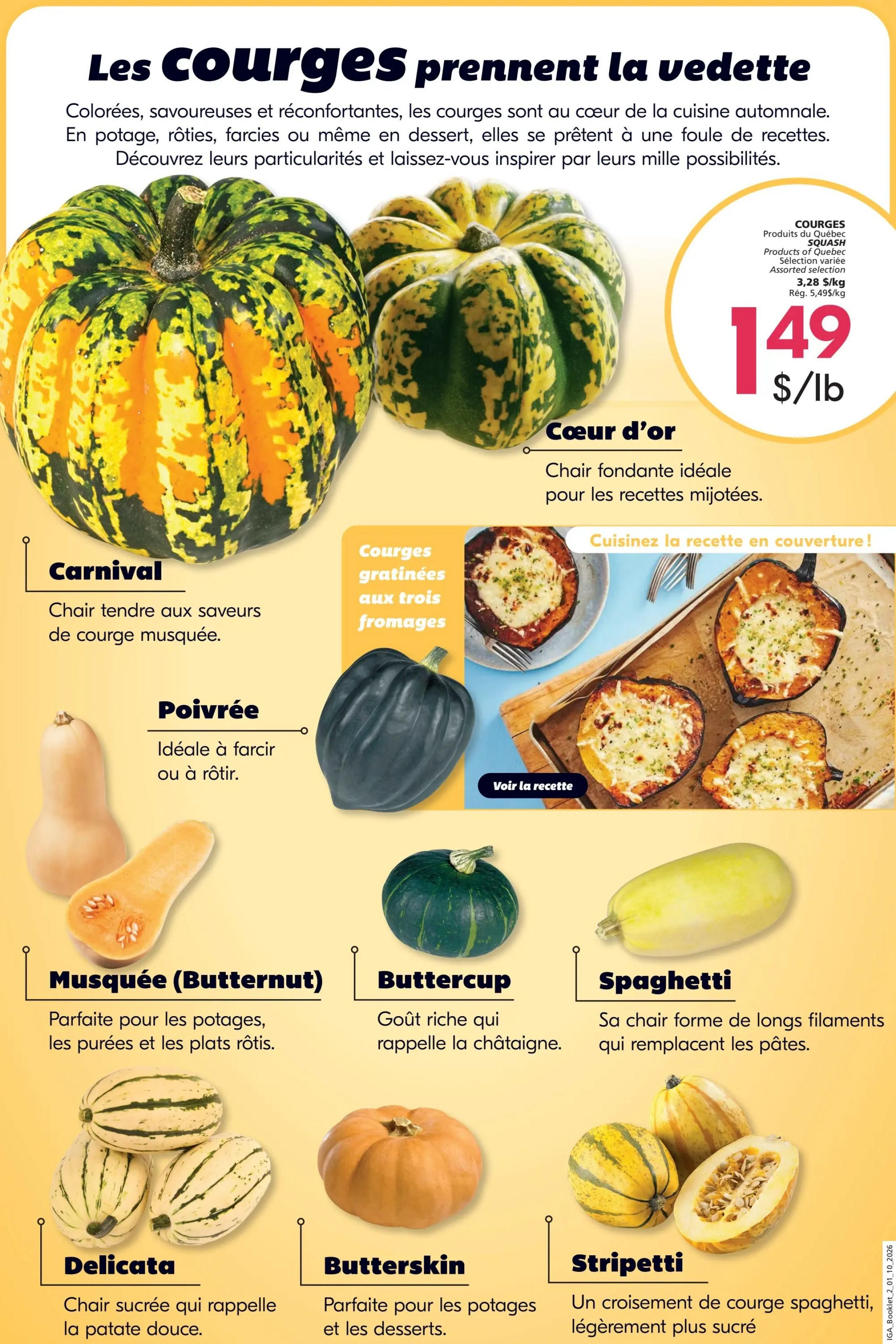 IGA Weekly Flyer Specials Page 21 features a variety of squash perfect for autumn cooking. Featured prominently is the 'Cœur d'Or' squash, described as having a tender flesh ideal for stewed recipes, priced at $1.49/lb. Other squash varieties showcased include Carnival squash with tender flesh and musky squash flavour, Poivrée squash ideal for stuffing or roasting, and Musquée (Butternut) squash perfect for soups, purées, and roasted dishes. Also displayed are Buttercup squash with a rich flavour reminiscent of chestnuts, Spaghetti squash with flesh that forms long strands to replace pasta, Delicata squash with sweet flesh similar to sweet potato, Butterskin squash perfect for soups and desserts, and Stripetti squash, a slightly sweeter cross between spaghetti squash.