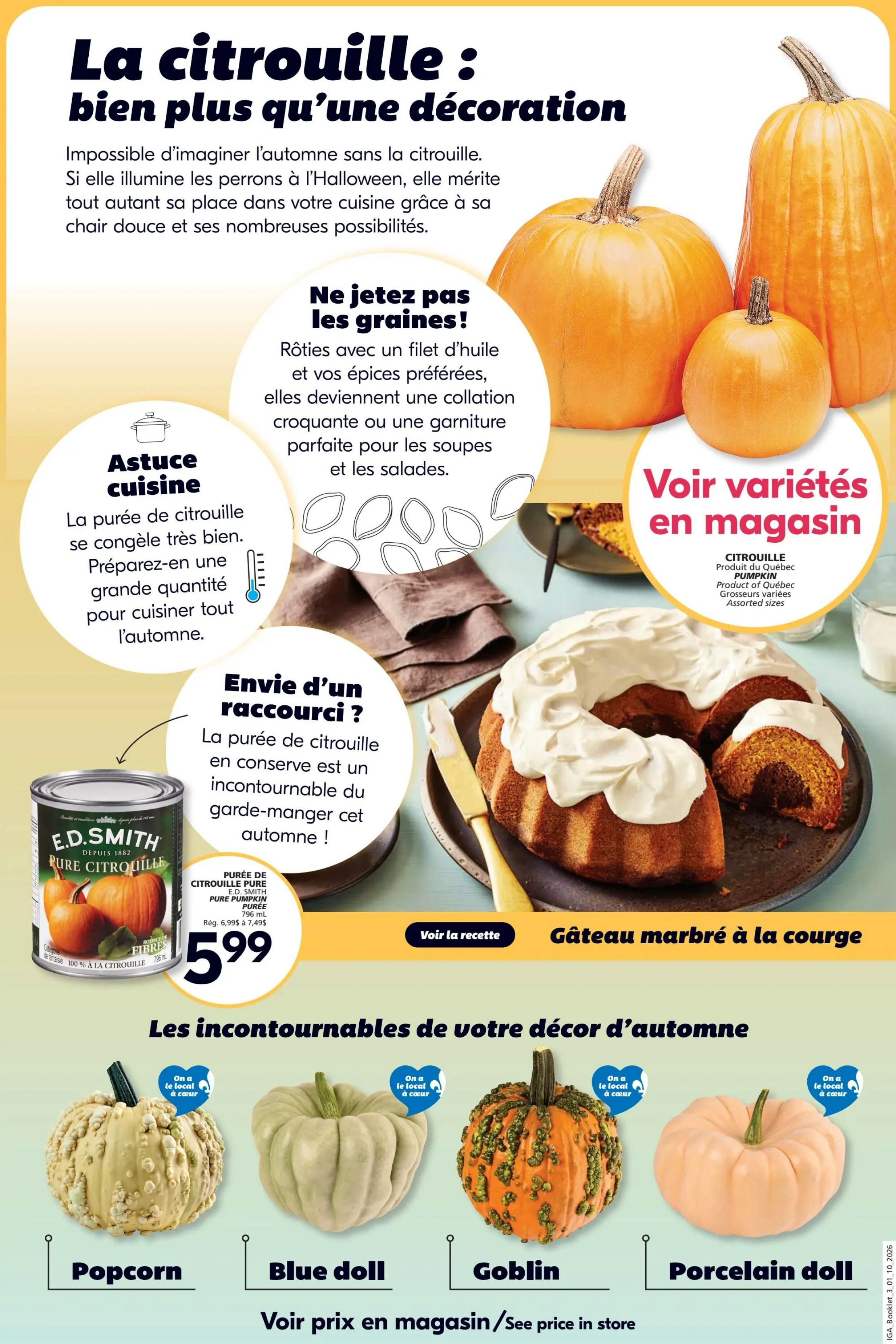 IGA Weekly Flyer Specials, Page 22. This page is dedicated to pumpkins, highlighting their versatility beyond decoration. It features tips on using pumpkin seeds for roasting and preparing pumpkin puree for cooking, noting it freezes well. A recipe for marble pumpkin cake is also featured. E.D. Smith Pure Pumpkin Puree is shown for $5.99, down from its regular price of $6.99. The page also showcases 'Must-haves for your autumn decor' with four varieties of decorative pumpkins: Popcorn, Blue Doll, Goblin, and Porcelain Doll, with prices available in-store.