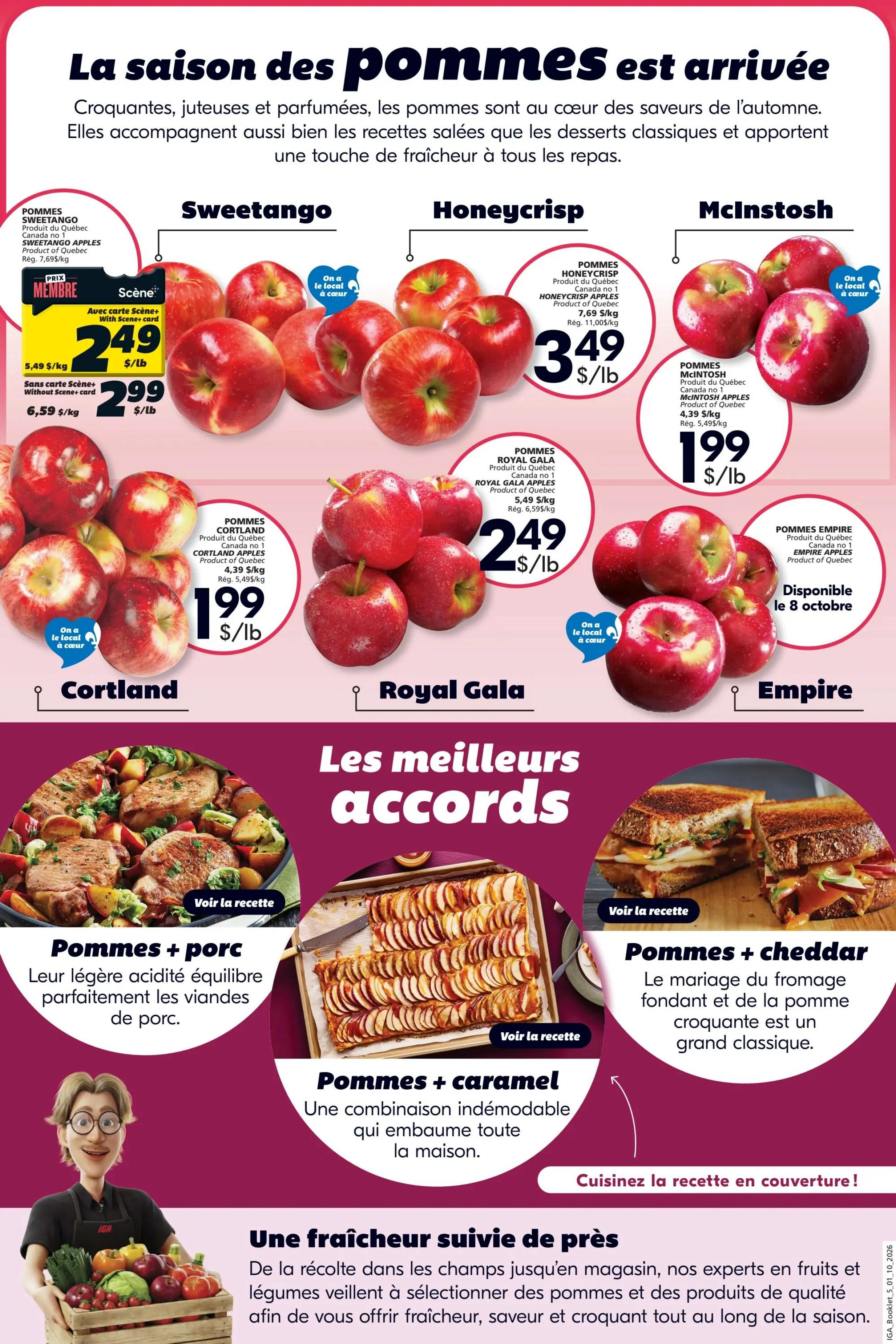IGA Weekly Flyer Specials Page 24: Features a variety of apples including Sweetango apples at $2.49/lb with Scene+ card or $2.99/lb without. Honeycrisp apples are $3.49/lb. McIntosh apples are $1.99/lb. Royal Gala apples are $2.49/lb. Cortland apples are $1.99/lb. Empire apples are available October 8th. The page also highlights 'The best pairings' with 'Apples + pork' and 'Apples + cheddar' recipes, along with an 'Apples + caramel' dessert. It emphasizes freshness from field to store, with experts selecting quality apples and produce for a fresh, flavourful, and crisp experience all season long.