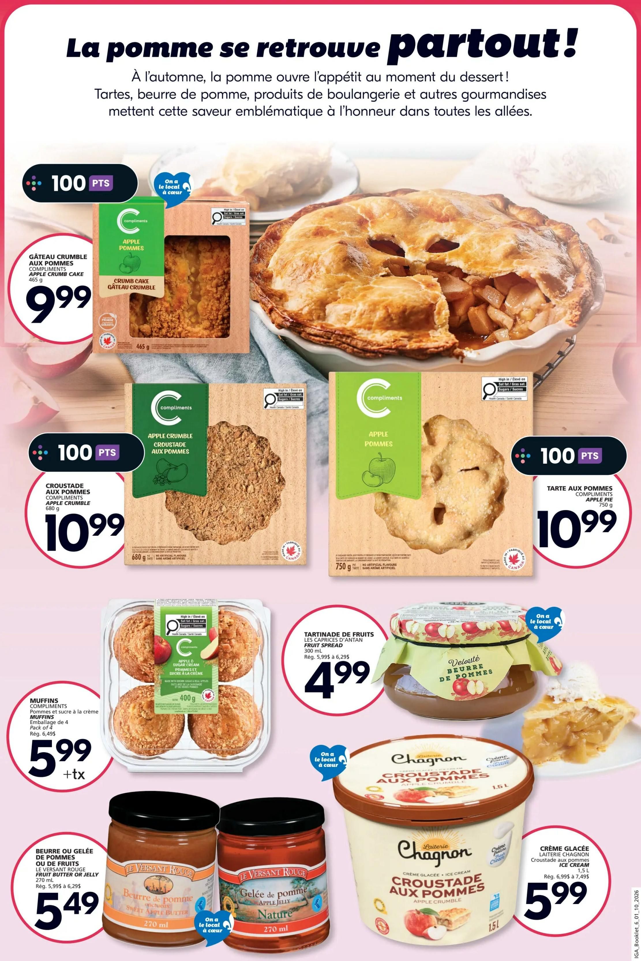 IGA Weekly Flyer Specials, Page 25. This page features apple-themed desserts and treats. Highlights include Compliments Apple Crumble Cake for $9.99, Compliments Apple Crumble (680 g) for $10.99, and Compliments Apple Pie (750 g) for $10.99. Also featured are Compliments Apple & Sugar Cream Muffins (pack of 4, 400 g) for $5.99 + tax, Le Versant Rouge Sweet Apple Butter (270 mL) and Apple Jelly (270 mL) for $5.49 each. Antan Fruit Spread (300 mL) is on sale for $4.99. Laiterie Chagnon Apple Crumble Ice Cream (1.5 L) is available for $5.99. Many items offer 100 bonus points.